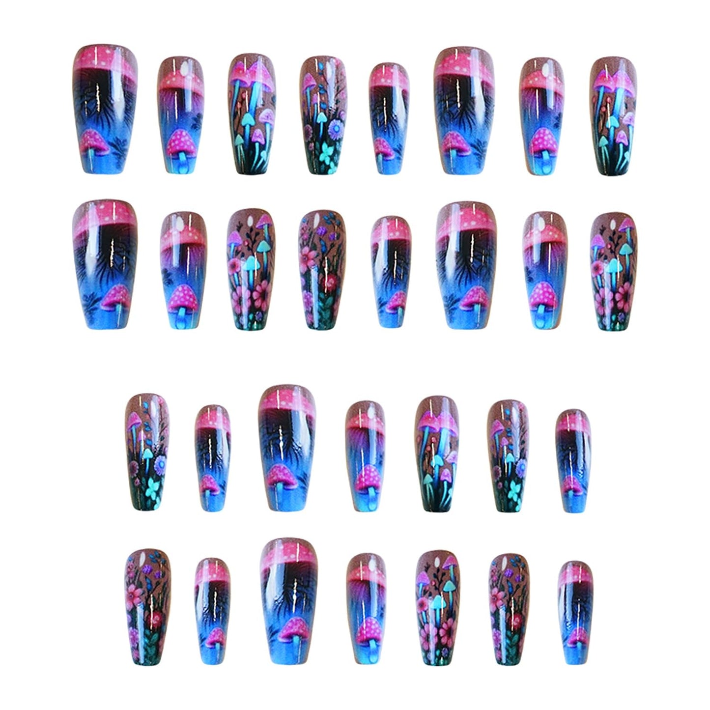 CJDLTS Mushroom Press on Nails Medium Ballet Shaped False Nails Fantasy Mushrooms and Flower Pattern Design Glitter Nails Full Cover Colorful Stick on Nails Artificial Acrylic Press Nails for Women