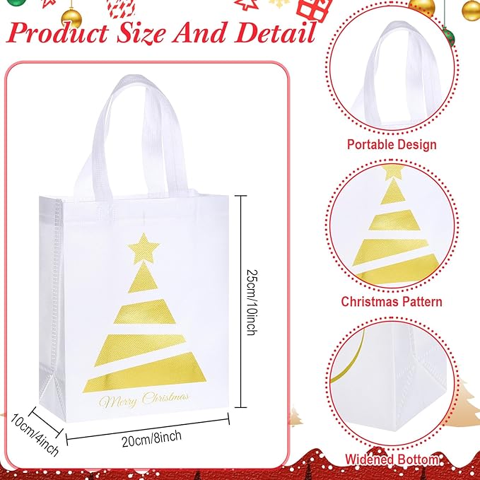Wesnoy 24 Pcs Christmas Gift Bags Bulk 10 x 8 x 4 Inch Christmas White Gold Non Woven Party Favors Goodies Candy Bags with Handles for Holiday Gift Birthday Party Supplies