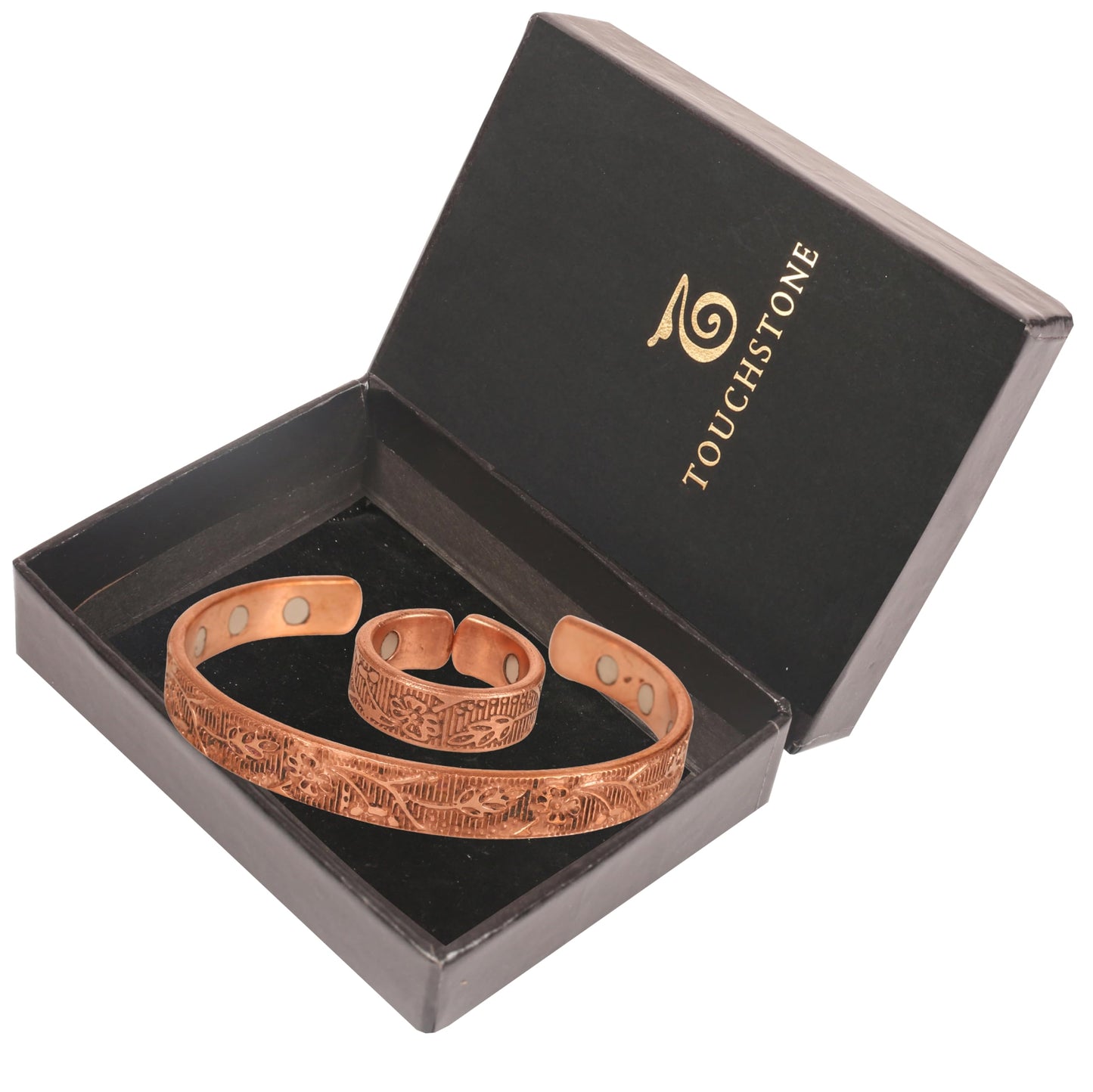 Touchstone Copper Magnetic Hand Forged With Solid And High Gauge Engraved Petals Pattern Minimalistic Elegance Pure Copper Bracelet And Matching Ring In Natural Tone.