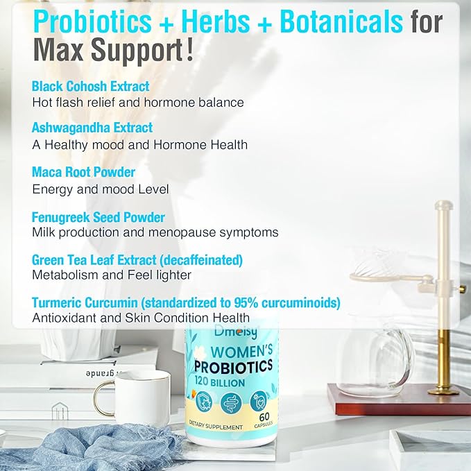 Menopause Supplements for Women, 120 Billion CFU Probiotic, 13-in-1 Herbs Probiotics Complex, for Menopause Relief, Hormone Balance, Hot Flashes, Night Sweats, Mood Swings, Gut & Immunity - 60 Capsule