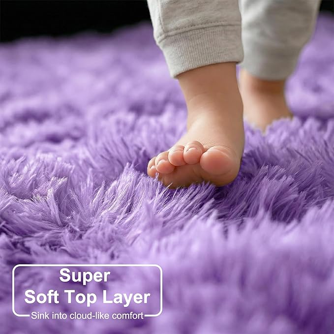 Amdrebio Purple Round Rugs 5Ft for Girls Bedroom Decor Aesthetic, Fluffy Fuzzy Circle Area Rug for Kids Playroom, Cute Furry Shaggy Circular Princess Carpet for Living Room, Baby Nursery, Preppy Dorm