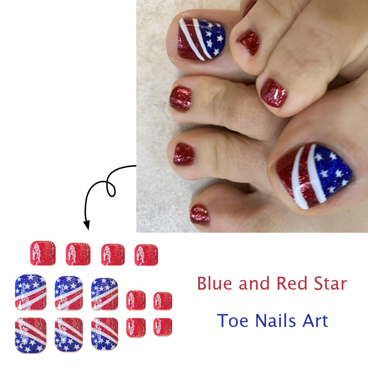 Independence Day Press on Toenails Short Square Fake Toe Nails with American Flag Design Red Blue False Toenails 4th of July Toe Nails Press on Summer Glossy Acrylic Toenails for Women 24Pcs