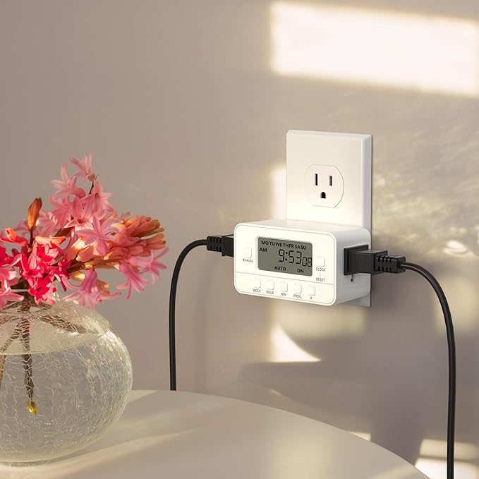 BN-LINK 7-Day Heavy Duty Digital Timer with Dual Outlet, LCD Display, 3-Prong Programmable Design, for Lights, Fans, Coffee Machine, Home, Kitchen, Office, Indoor Use, 125V 15A 1875W, 1 Pack