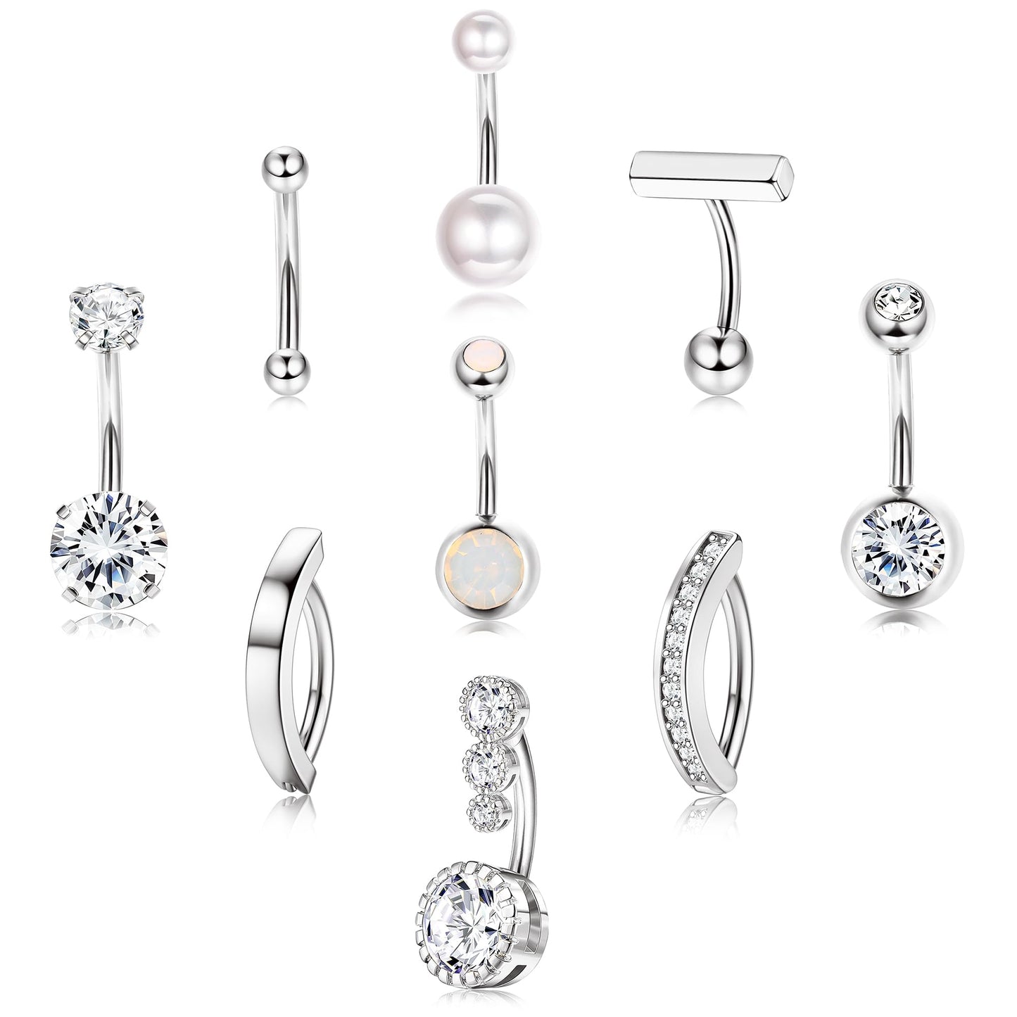FIASASO 9 Pcs Belly Button Ring Surgical Stainless Steel Belly Rings CZ Belly Button Ring Clicker Belly Piercings for Women Navel Piercings Pack Silver