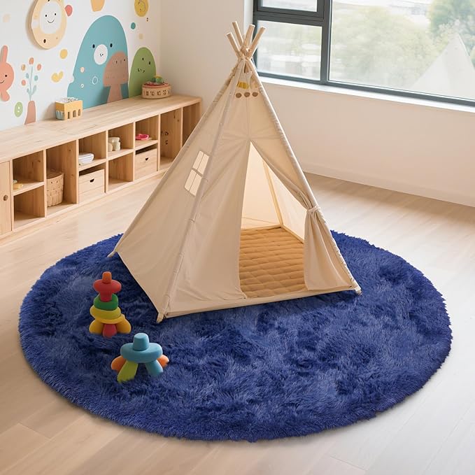 yulidayang Blue Fluffy Round Area Rugs for Living Room,6'X6'Shag Circle Area Rugs for Bedroom,Non Slip Fuzzy Plush Rug for Kids Room Boys Girls Room and Dorm Home Decor Rug