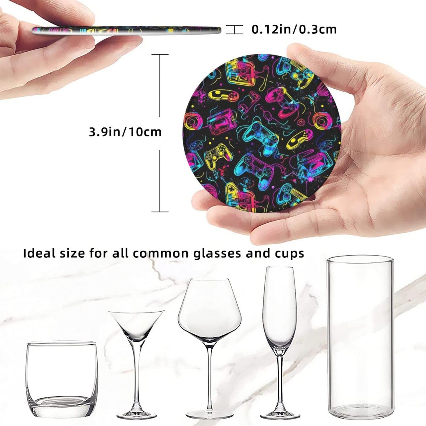 BOXIMIAO Drink Coasters with Holder Stand Set of 6, Bright Game Controller Pu Leather Absorbent Coasters with Cork Base Table Coaster Round Coasters for Housewarming Apartment Kitchen Bar Decor