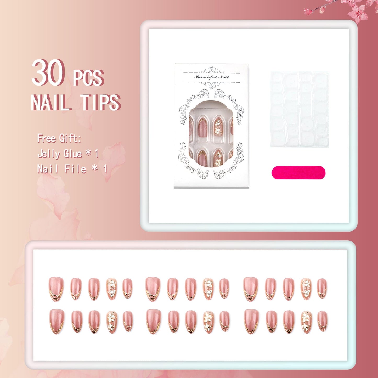 30Pcs Almond Press on Nails Pink Bling Fake Nails Gold French Tip Nails Press ons Spring Cherry Blossom 3D Flower False Nails Glossy Full Cover Stick on Nails Medium Acrylic Nails for Women