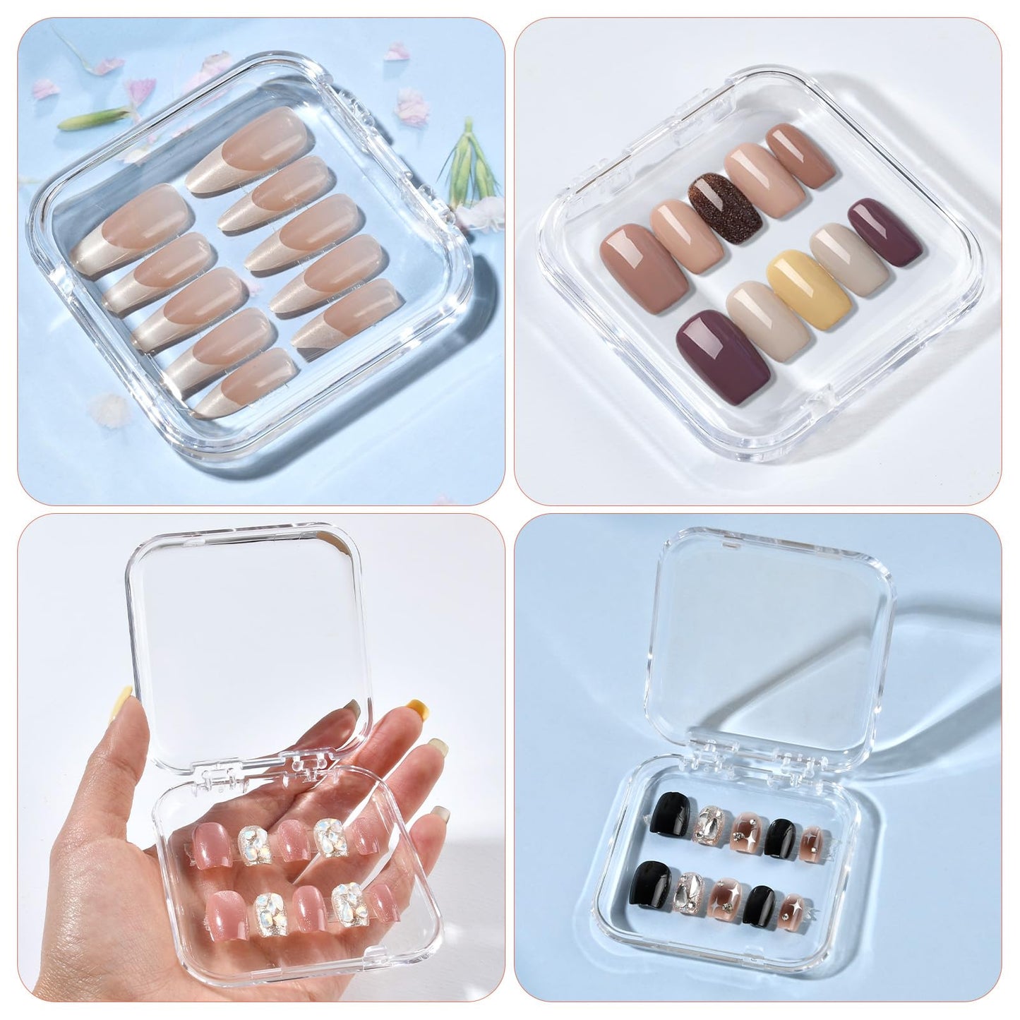 Aemygo 48 Sets Press On Nail Storage Box, Clear Artificial Nail Display Case Acrylic Nail Boxes Press On Nail Packaging Box, Adhesive Double Sided Tape Nail Box for Nail Salon