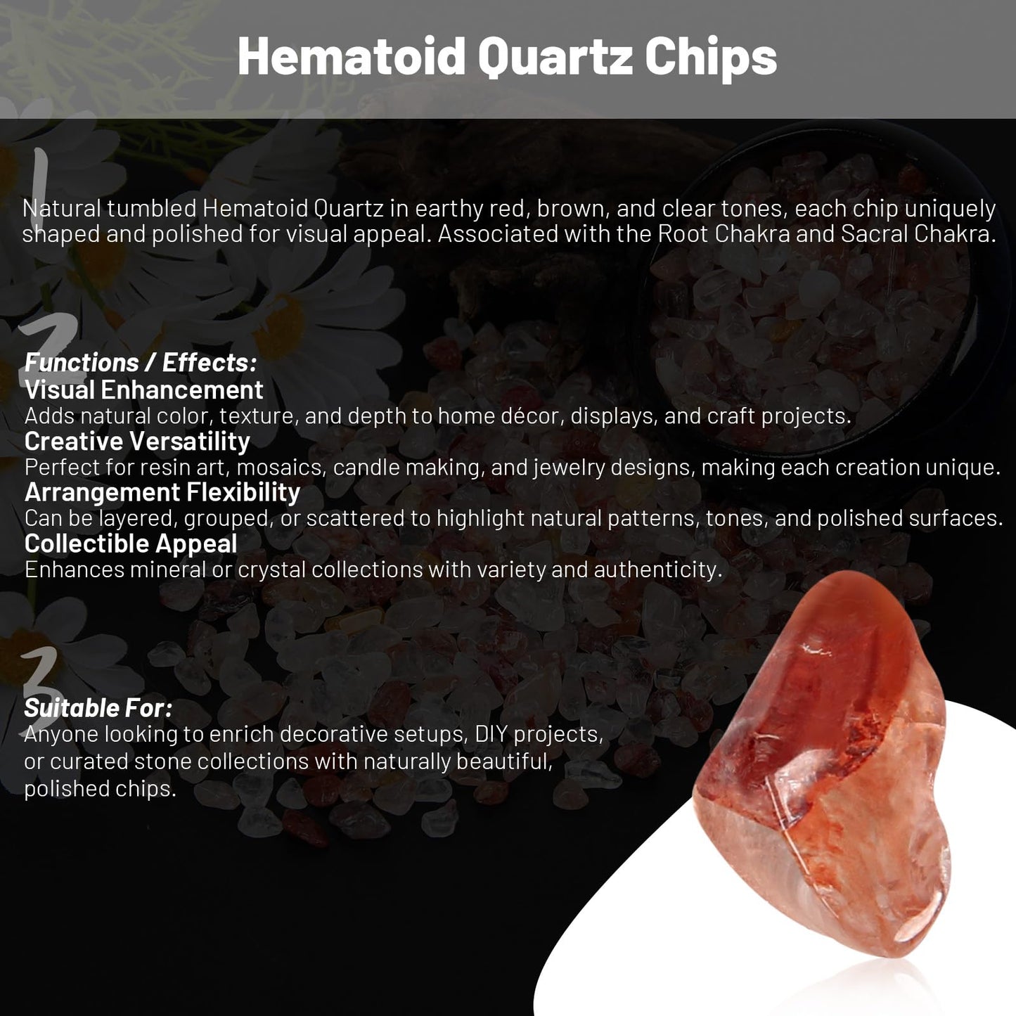 1.1lb Natural Crushed Hematoid Quartz Crystal Tumbled Chips-Healing Crystals Chips Bulk, Crushed Crystal Gemstones for Crafts, Beautiful Package for Gift (Hematoid Quartz)