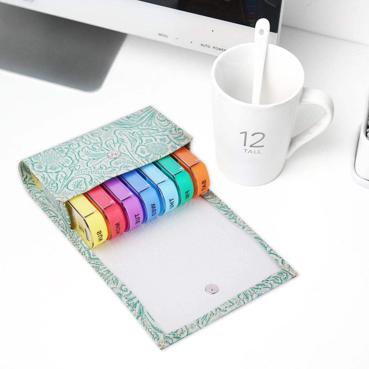 Pill Organizer,Haecsfl Weekly Travel Pill Case Box Medication Reminder Daily AM PM, Day Night 7 Compartments,for 4 Times A Day, 7 Days a Week-Includes Leather PU Carrying Case(1-Carved Green1)