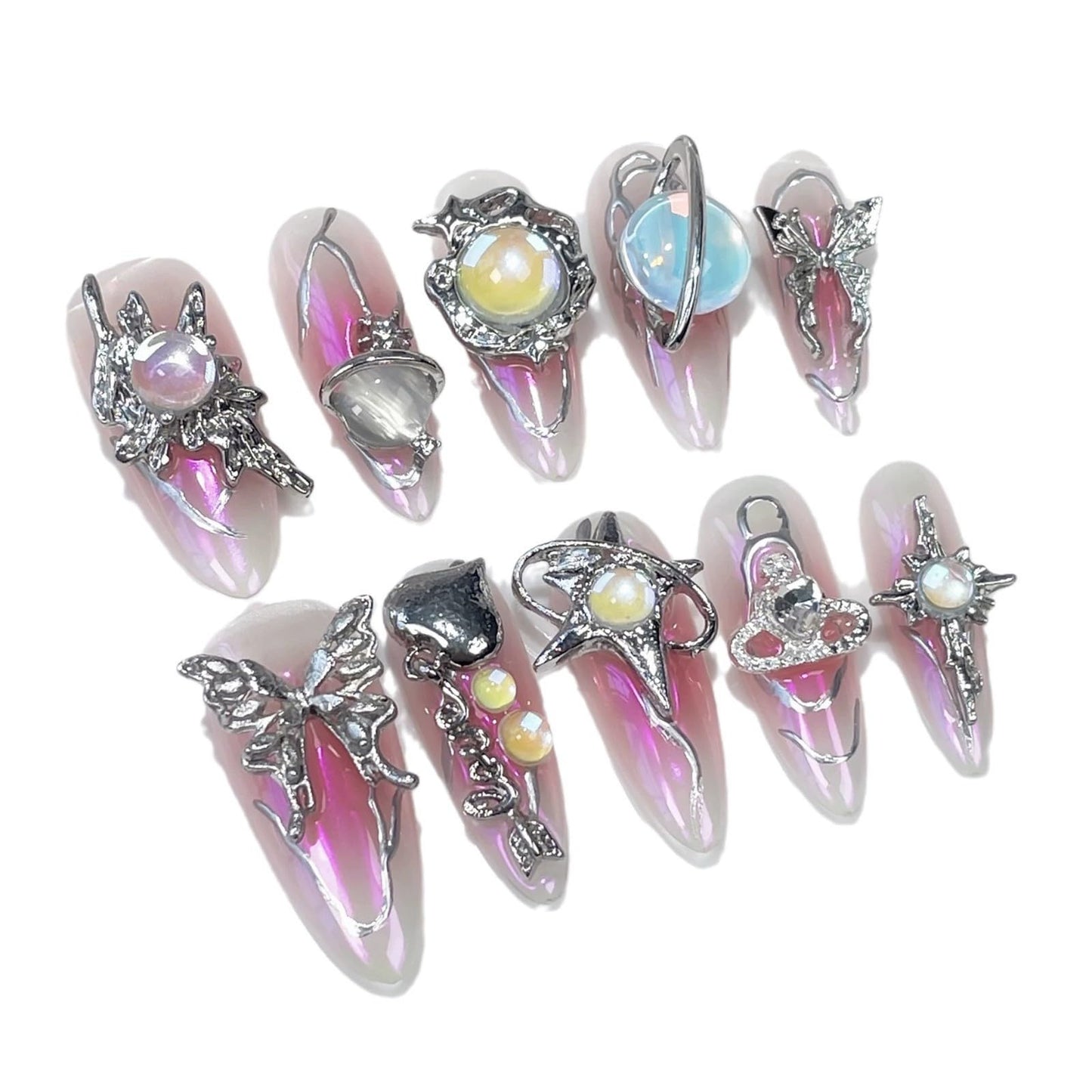 Handmade Press on Nails Long Luxury Reusable Almond Fake Nails with Metallic Butterfly Design 3D Luxury Pink Ombre Acrylic Nails Press Ons Y2k False Nails for Women DIY 10Pcs(Size M)