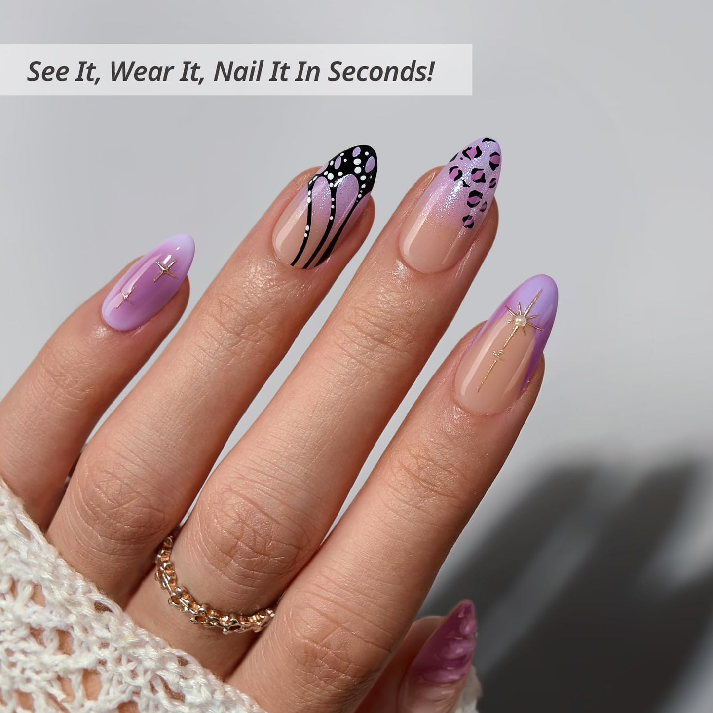 BTArtbox Press On Nails Medium - 3D Purple Butterfly French Tip Almond Press On Nails with Glue for Women, Opaque Soft Gel Glue On Nails in 15 Sizes - 30 Stick On Nails Kit, Flutter Besties