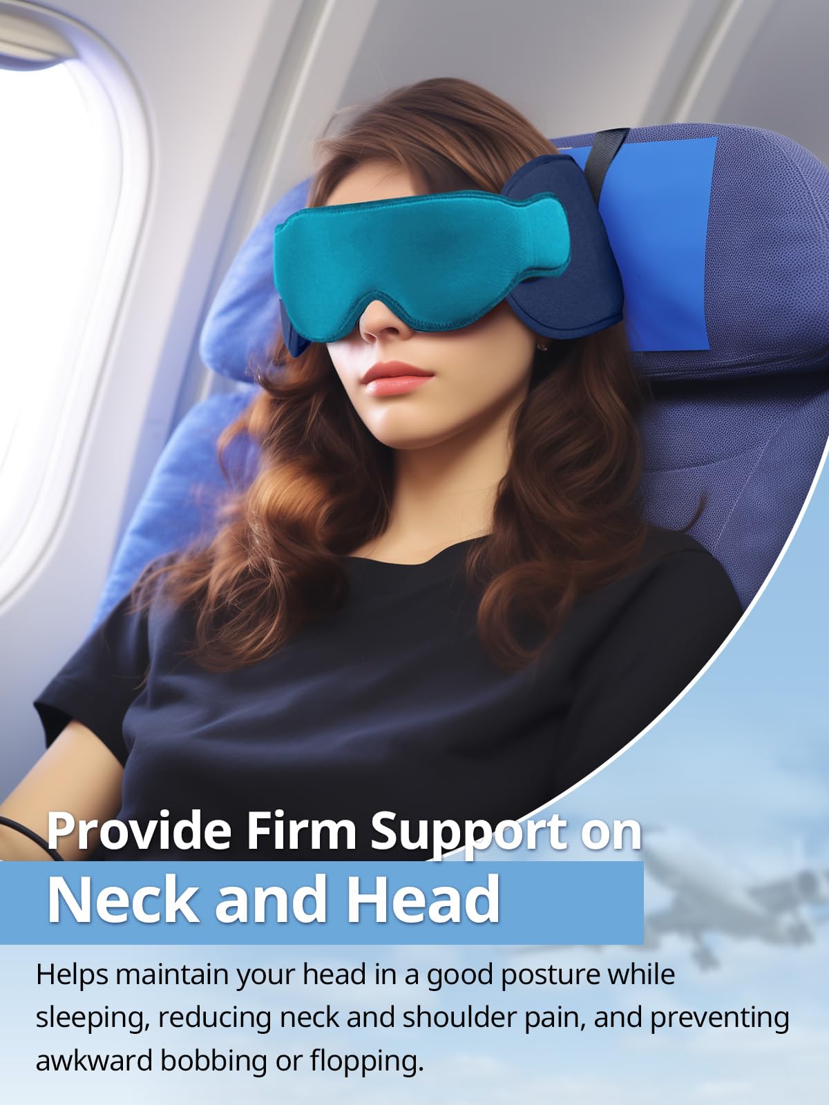 Inspireyes Travel Pillows for Airplanes, 360° Head Support for Long Flight, Soft Airplane Pillow with 3D Eye Mask for Sleeping, Stop Bobblehead, Airplane Headrest Gadgets, Lake Blue