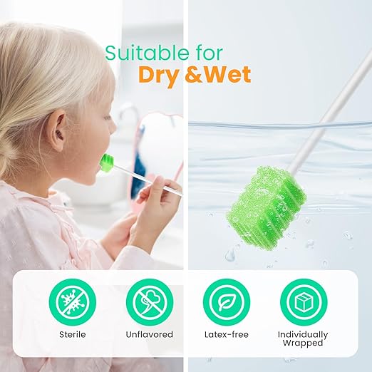 Oral Swabs Disposable 200 Count – Longer Handle Medical-Grade Sponge Swabs for Mouth – Individually Wrapped, Latex-Free, Non-Abrasive Mouth Swabs for Elderly, Home & Hospital Use (Green)