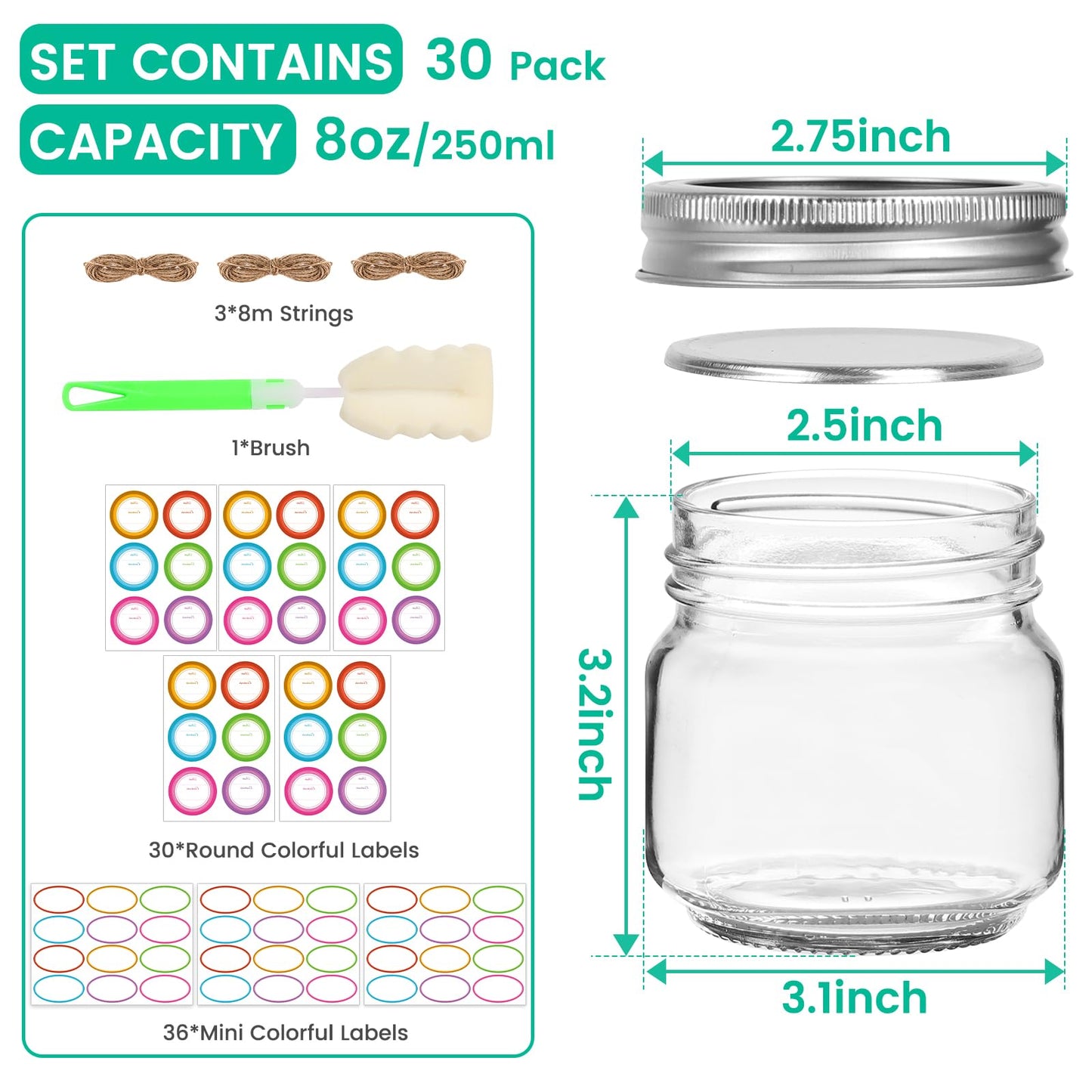 CAKKVDE 30 Pack 8 oz Mason Jars with Airtight Lids Regular Mouth 8 oz Glass Mason Jars for Crafts, Meal Prep, Canning Jars for Food Storage, Fruit Storage, Craft Jars, Candle Jars