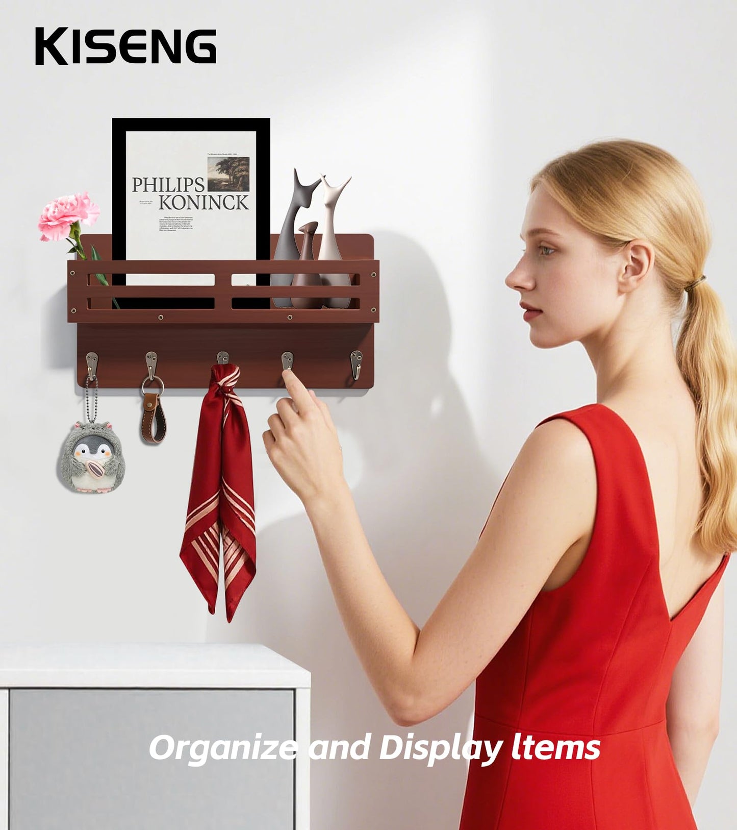 KISENG Key Holder Wall Mount Farmhouse Key Hooks for Wall with Mail Organizer Decorative Key Rack with 5 Sturdy Hooks for Dog Leash, Sunglasses, Rustic, Paulownia Key Hanger for Entryway