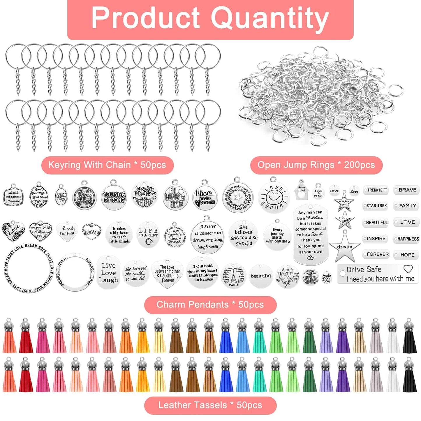 Audab 350Pcs Motivational Keychain Accessories Set with 50 Engraved Inspirational Words Charms, 50 Leather Keychain Tassels, 50 Keyring with Chain, 200 Open Jump Rings for DIY Crafting