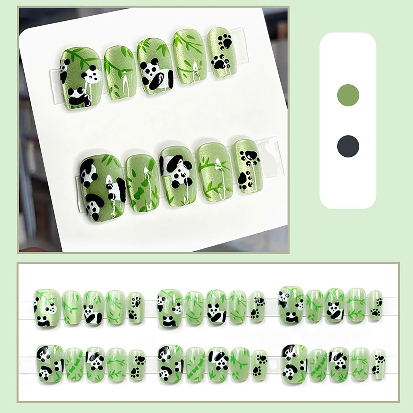 Press On Glossy Full Cover Acrylic Short Green False Nails with Panda Bamboo Artificial Square Shaped Fake Nails with Charms Glue Ons for Women Girls