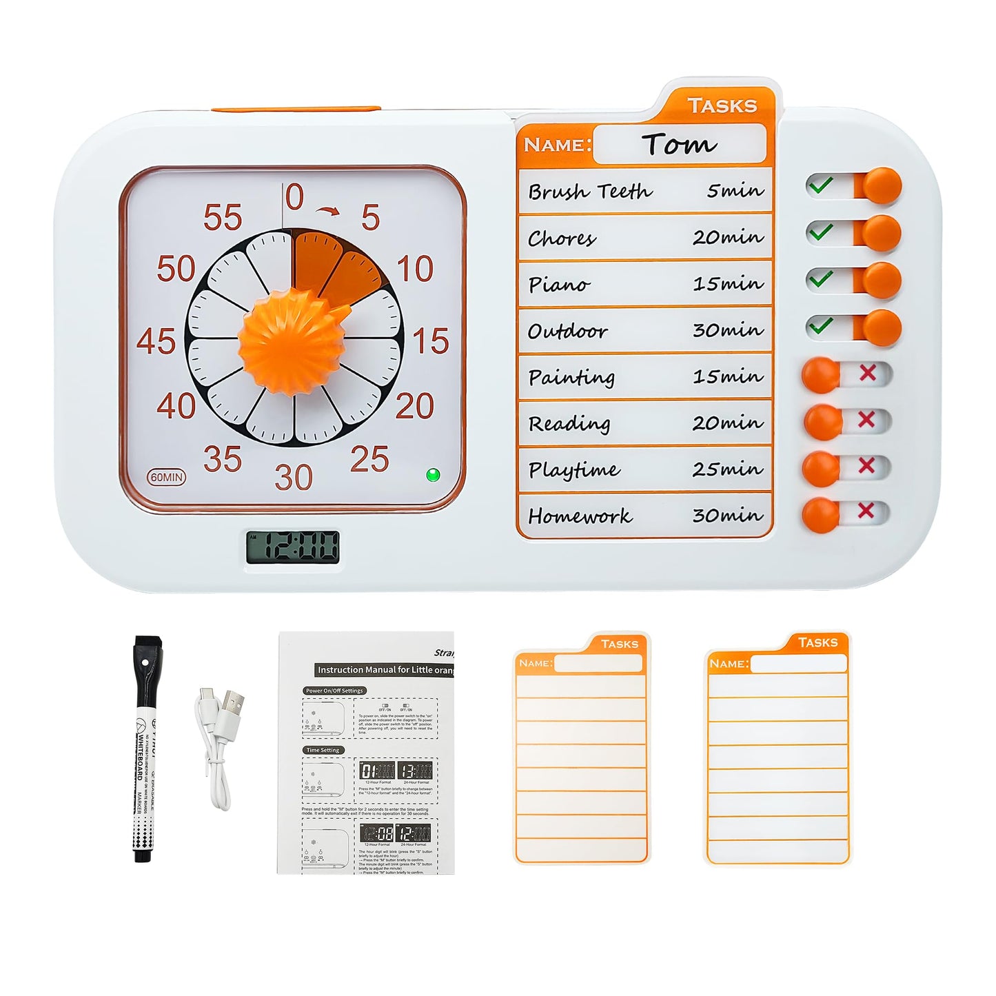 Bothidea Chargeable Task Timer, to-do List with Visual Timer for Adults and Students, Daily Chore Board for Kids, 60-Minute Visual Timer for Classroom, Office and Home, Time Management Tool., White