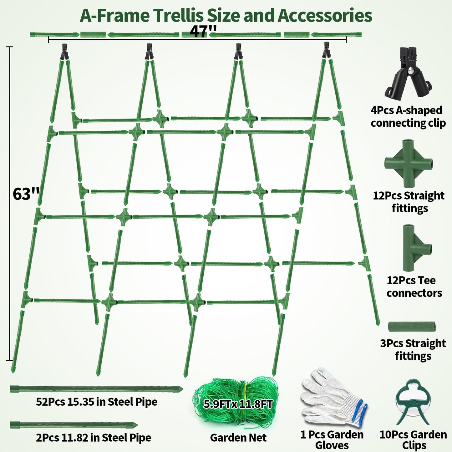 A-Frame Cucumber Trellis for Raised Bed - 63”H x 47”W, Heavy-Duty Detachable Garden Trellis with Netting & Clips, Support for Climbing Outdoor Cucumber, Tomatoes, Luffa, Bitter Melon, Vining Flowers