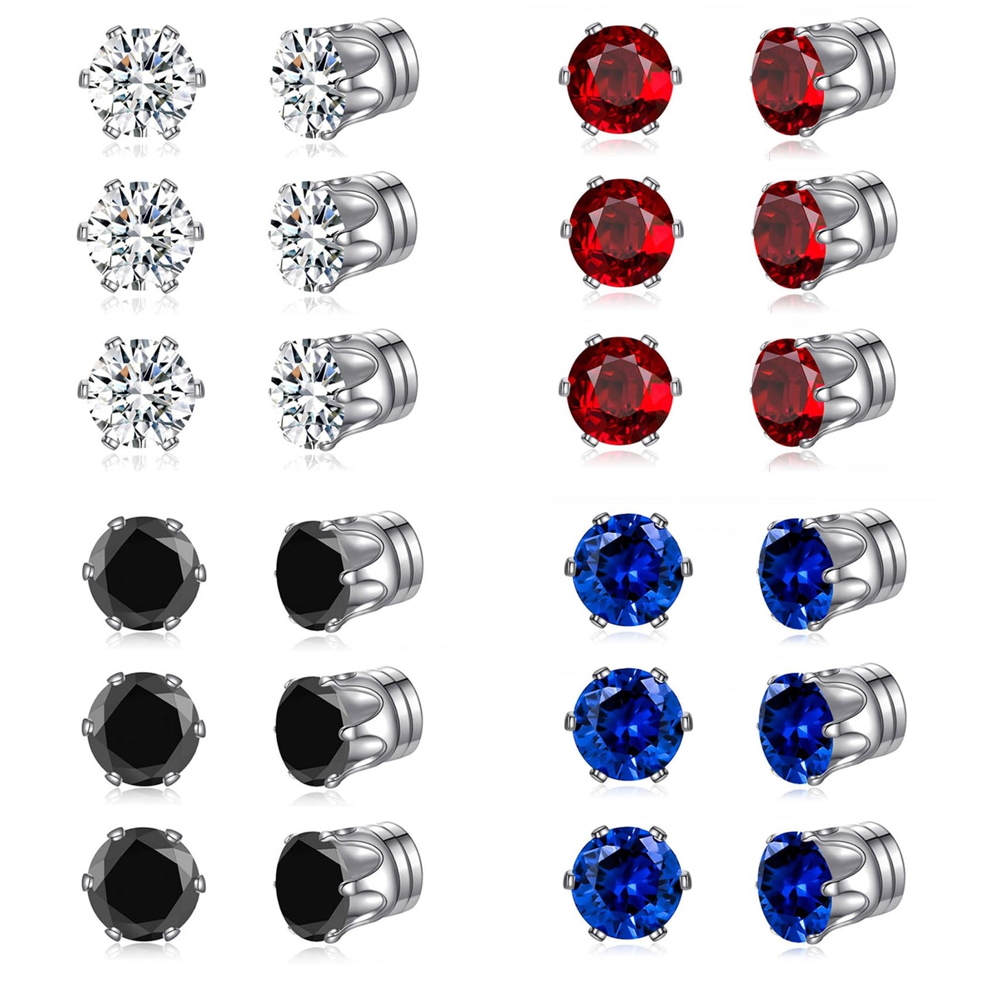Spiritlele 12 Pairs Magnetic Clip on Earrings Non Piercing Red Blue Cubic Zirconia Stud Earrings Set for Women 6MM Stainless Steel