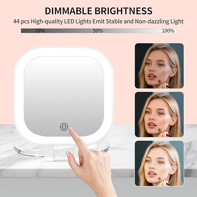 FUNTOUCH 4inch 1x 10x Magnifying Travel Makeup Mirror with Lights, Rechargeable Lighted Compact Mirror with Light, 3 Color Lighting, Double Sided Portable Handheld Hanging Compact Mirror, Dimmable