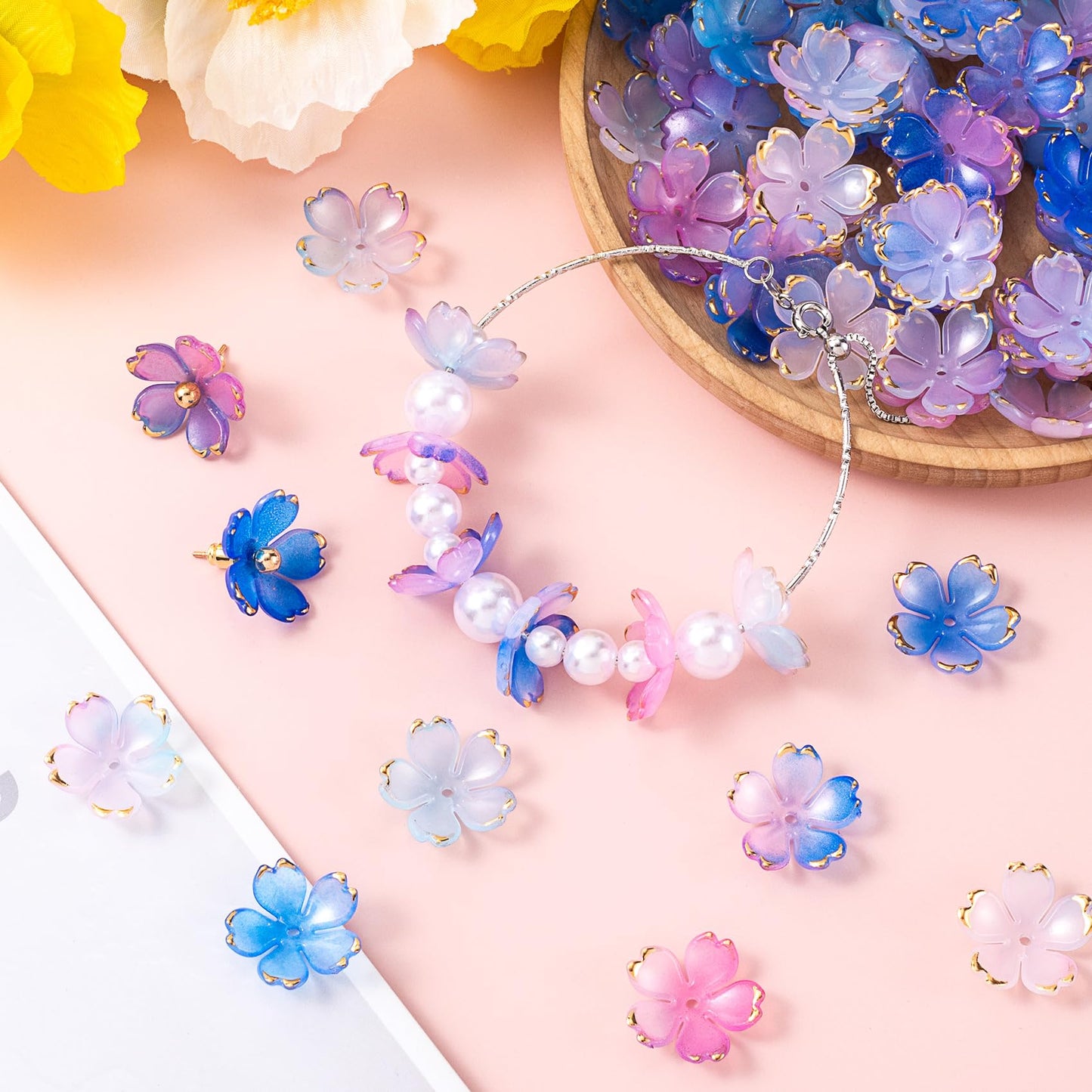 CustomyLife 100Pcs Cherry Blossom Acrylic Flower Beads, Blue Violet Mini Flower Charm Wedding Prom Halloween Christmas Hawaii Decoration for Jewelry Making
