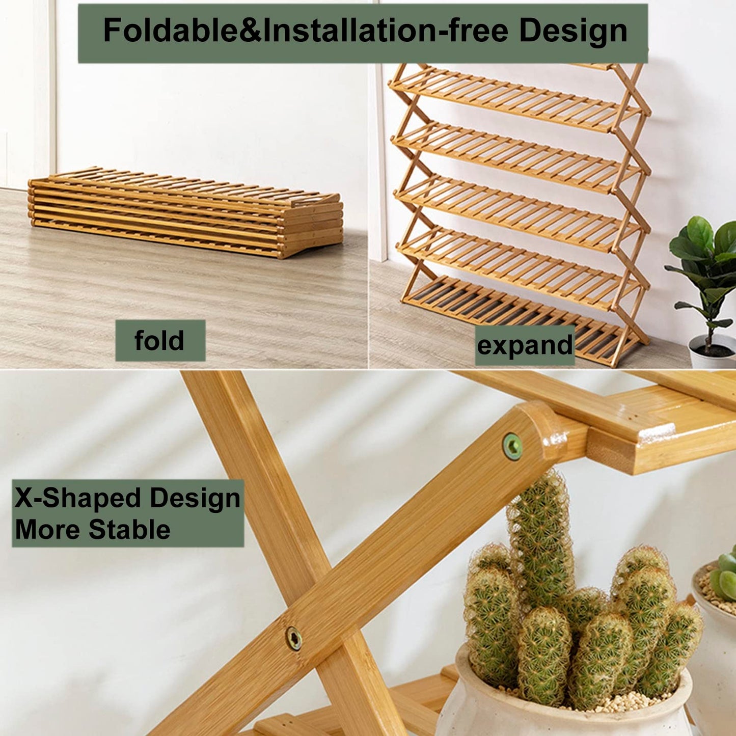 Tall Plant Stand No Assembly Required 6-Tier Foldable Bamboo Plants Shelves for Indoor Outdoor, Large Capacity Flower Pot Holder for Multiple Plants for Living Room, Patio, Balcony, Office