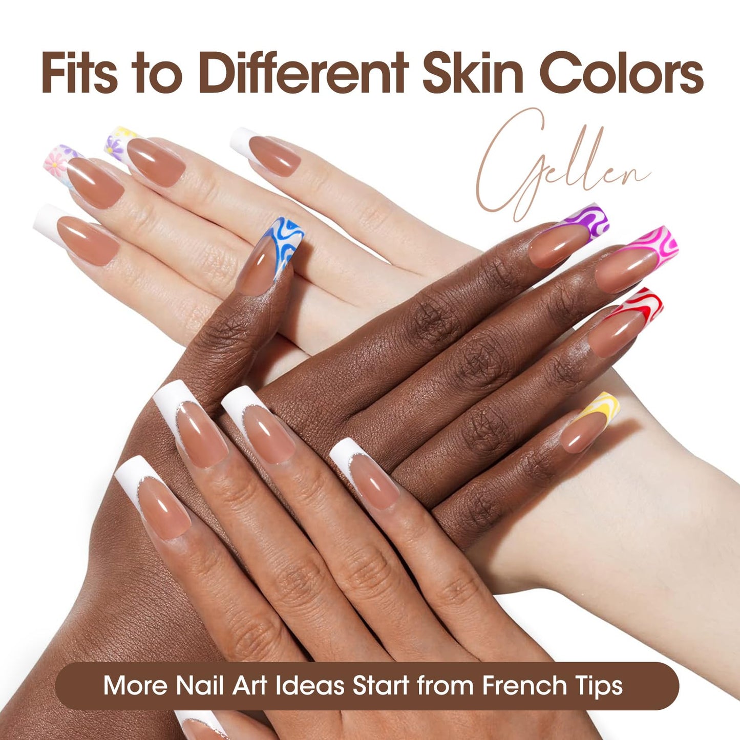 Gellen French Soft Gel Nail Tips - 150 pcs White French Tip Short Press on Nails Brown Square Shape, 3 in 1 Pre-french Gel Nail Tips 15 Sizes, Need Curing Under U V Light