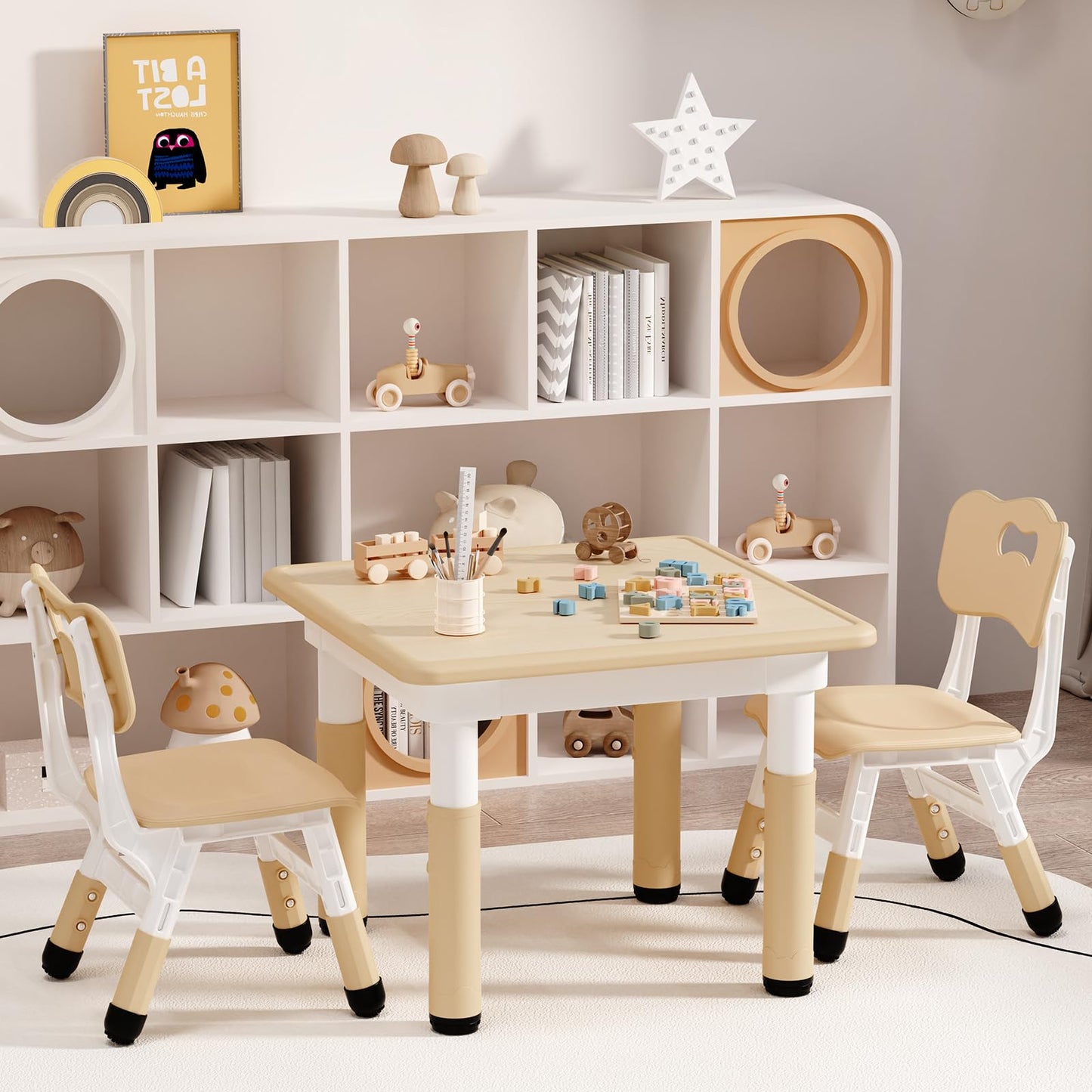 HLPB Kids Table and 2 Chairs Set, Adjustable Height, Graffiti Desktop, Non-Slip Legs, 23.6''L x 23.6''W Toddler Multi-Activity Table for Ages 2-8, Max 300lbs, for Daycare, Classroom, Home