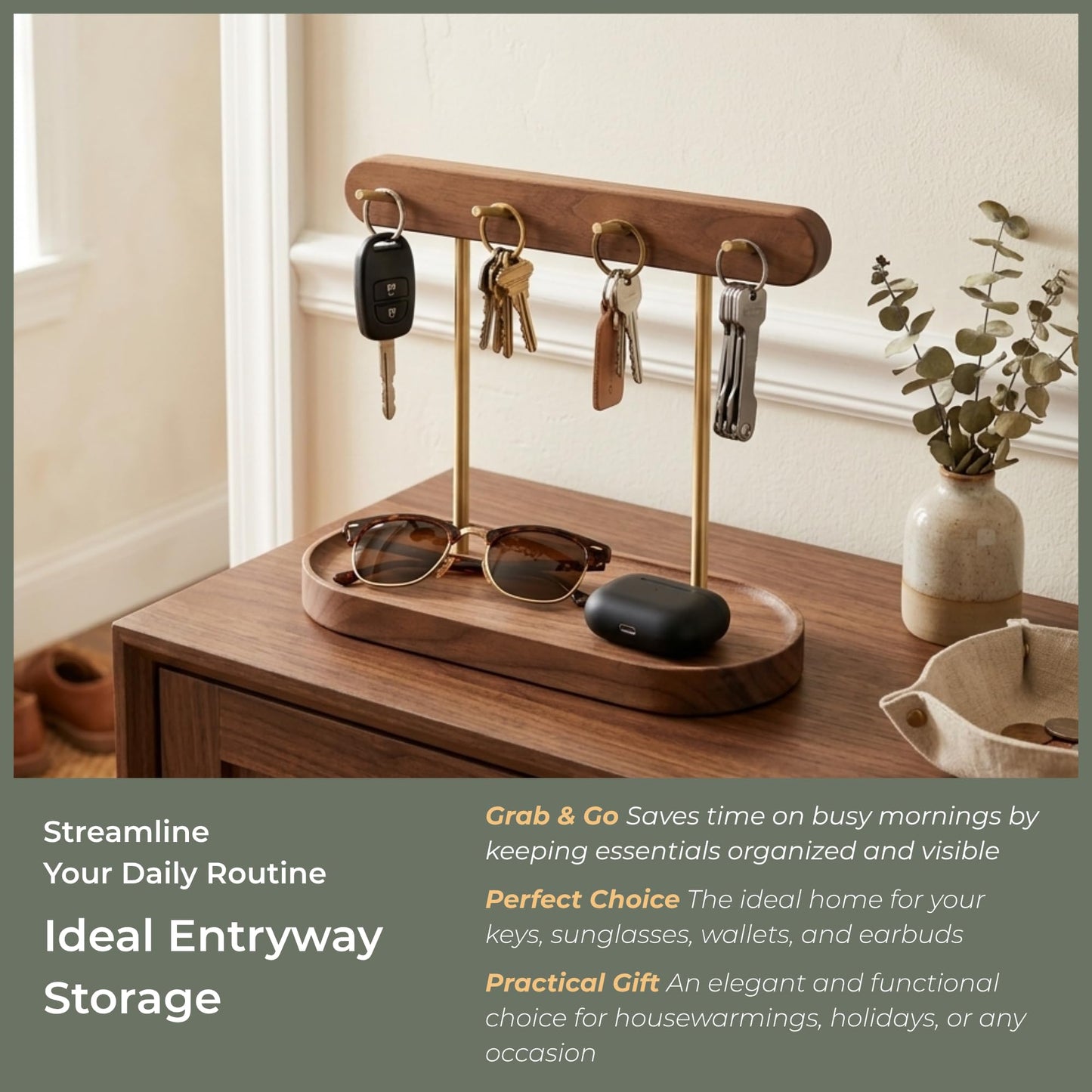 muso wood Walnut Key Stand for Entryway Table, Wooden Key Holder with 4 Hooks, Perfect for Key Trays, Valuables Trays, Jewelry Trays