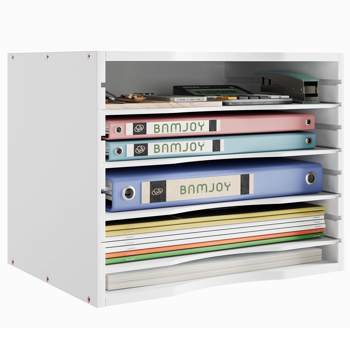 Bamjoy Bamboo 5 Tier Desktop Organizer, Paper Organizer Mail Sorter, File Holder Letter Document Storage with Adjustable Shelves for School Home Office, White