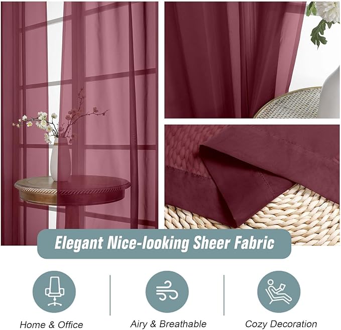 Sheer Curtains 84 Inches Long 2 Panels, Elegant Airy Transparent Light Filtering Window Curtains, Window Drapes for Christmas Party, Dual Rod Pocket Design, Burgundy, 2x42Wx84L Inches