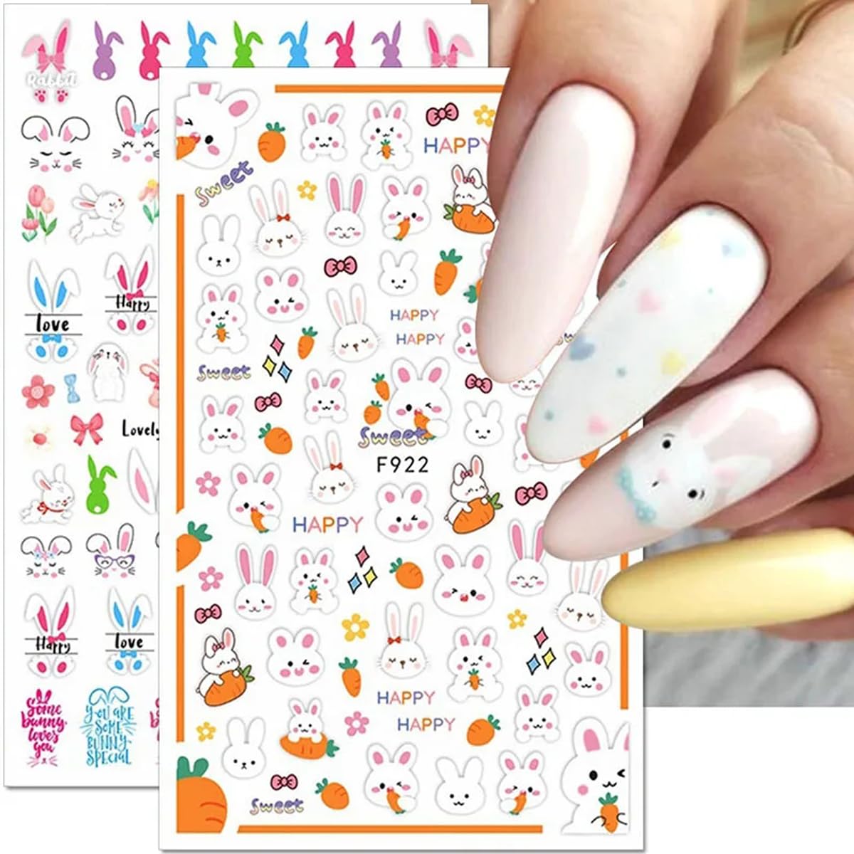 8 Sheets Easter Rabbit Nail Art Stickers Decals,3D Self-Adhesive Nail Art Accessories Cartoons, Rabbits, Animals, Hearts, Flowers,Designs Sticker Lovely Retro Rabbit Manicure DIY Nail Decorations