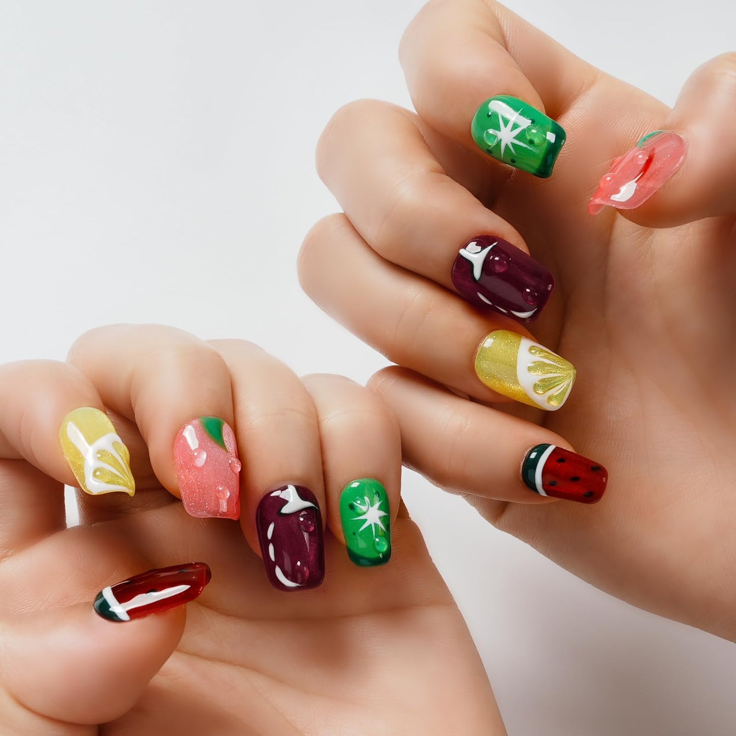 Tesytto Glitter Press on Nails Short Coffin Summer Fruit Nails Cateyes with 3D Water Drop, Hand-painted Watermelon & Lemon Art, Reusable Acrylic Full Cover Fake Nails, 10pcs (Fruit Party,M)