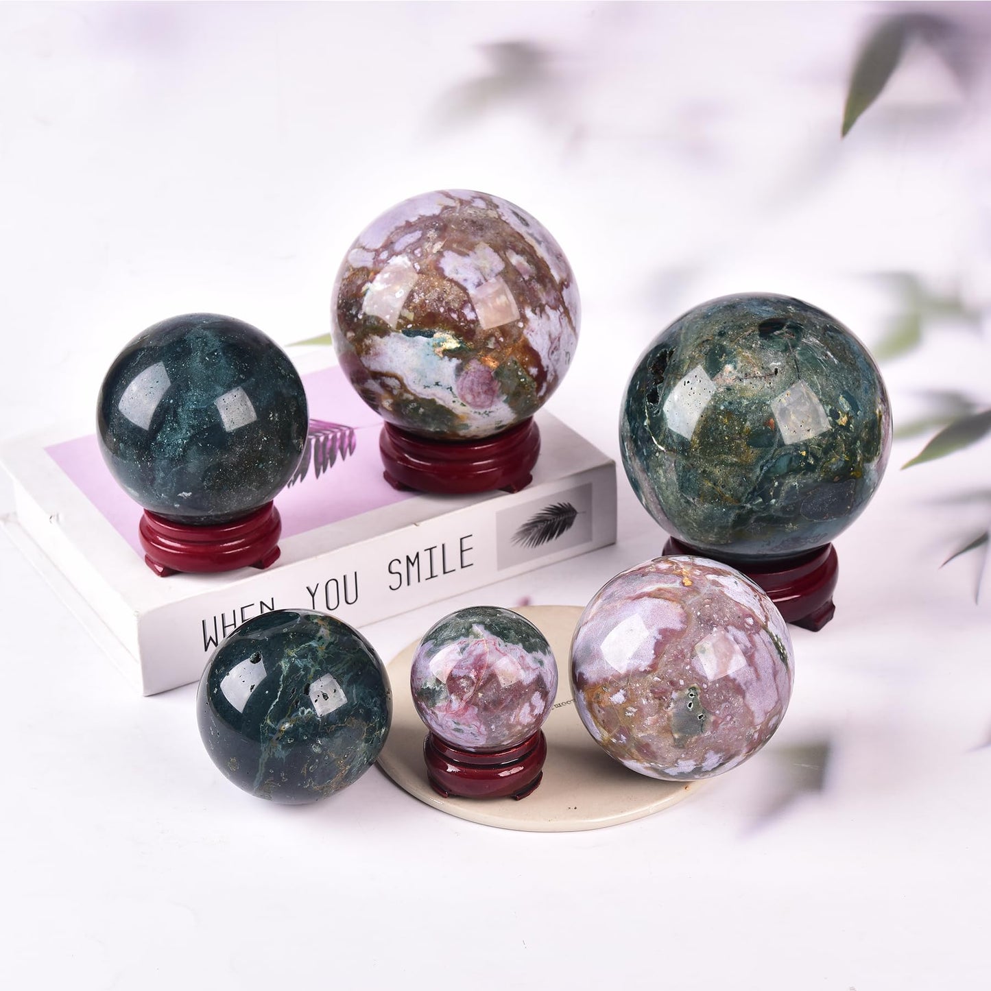 JIC Gem Natural Ocean Jasper Crystal Sphere Decorative Ball with Wooden Stand Meditation Balls for Witchcraft Reiki Healing Gift 50-60mm