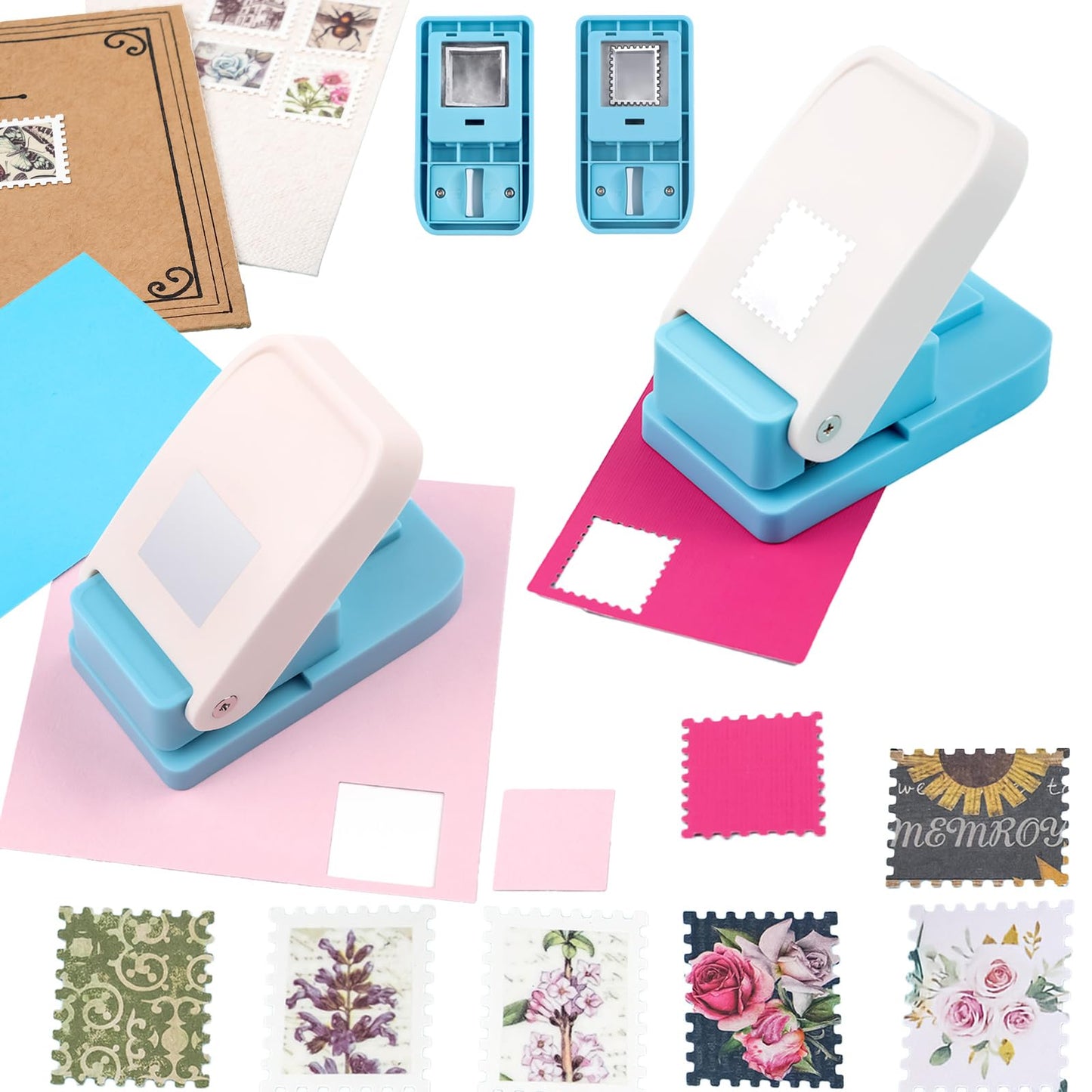 BAOFALI 2Pcs/Set 1X0.8inch Rectangular Postage Stamp with 1" Square Punch Set, Scalloped Rectangle Lever Action Craft Punch for Paper Crafting Scrapbooking DIY Card Making Arts Crafts Supplies