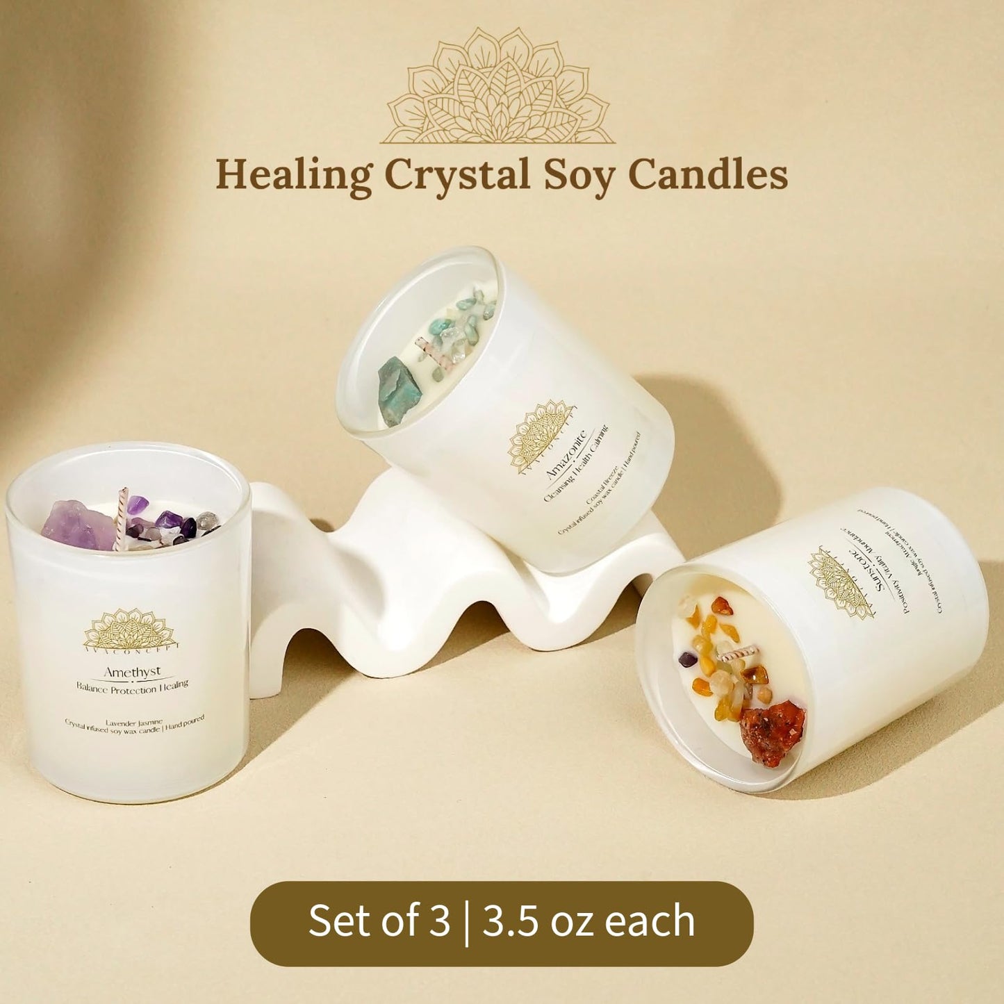 AVACONCEPT Crystal Infused Soy Wax Candle Gift Set Aromatherapy Scented Candles with Healing Crystals Natural Hand-Poured Luxury for Relaxation & Home Décor (Sunstone & Amethyst & Amazonite)
