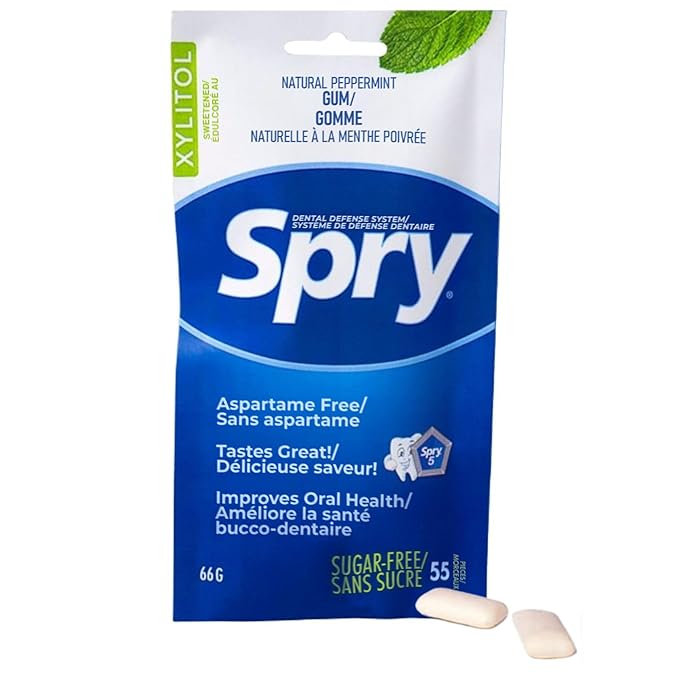 Spry On The Go Fresh Natural Xylitol Chewing Gum Dental Defense System - Aspartame-Free, Sugar-Free, Non-GMO (Peppermint, 55 Count - Pack of 2)