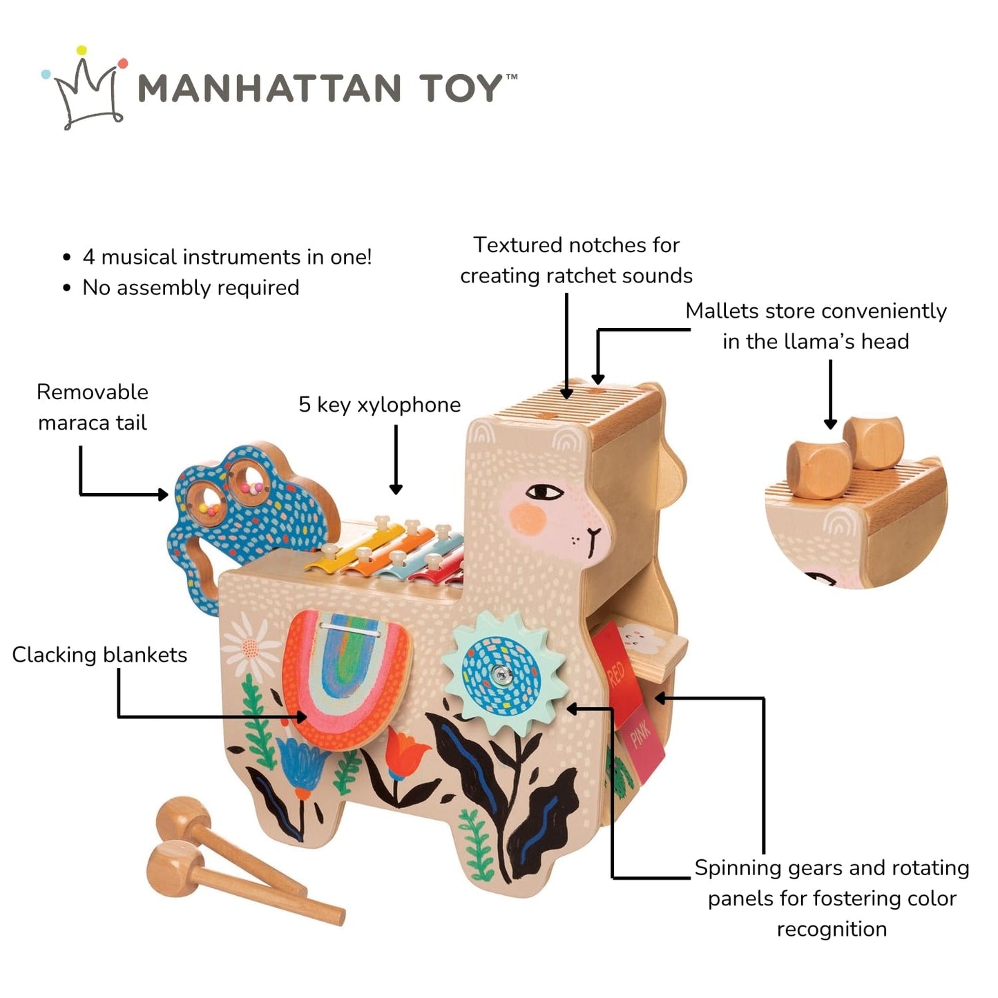 Manhattan Toy Musical Llama Wooden Instrument for Toddlers with Maraca, Clacking Saddlebags, Drumsticks, Washboard & Xylophone