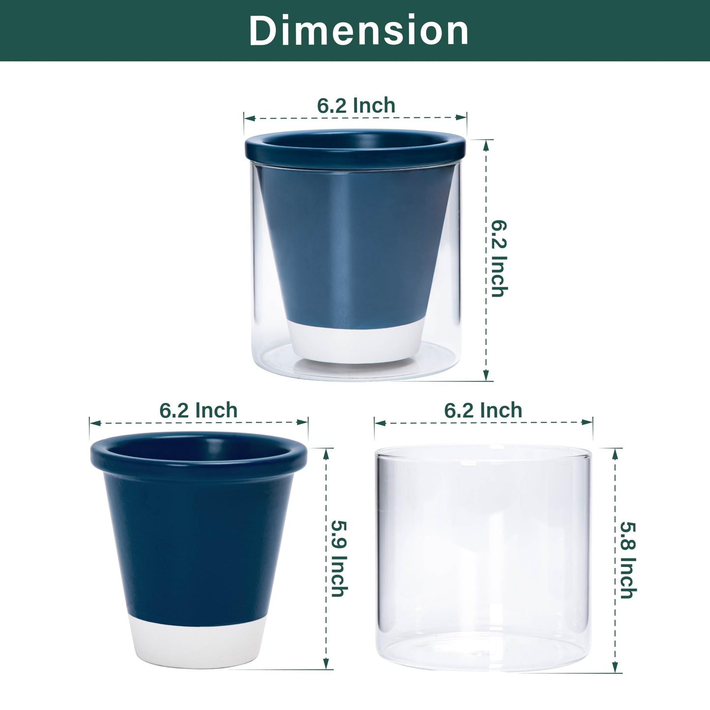 D'vine Dev 6 Inch Design Self Watering Planter for Indoor Plants, Blue Terracotta Pot with Cylinder Glass Cup, Set of 2, 37-Y-B-4