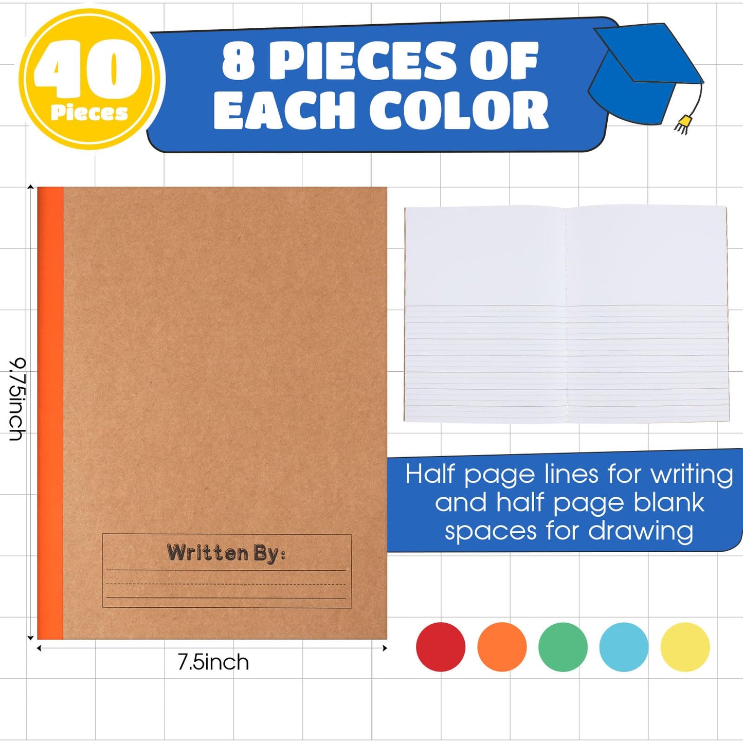 Henoyso 40 Pack Primary Composition Notebook, 9-3/4" x 7-1/2", Kids Primary Journal, K-2 Writing Notebook for Kids Student Draw Write Story Journal Half Blank Books(Bright Color)