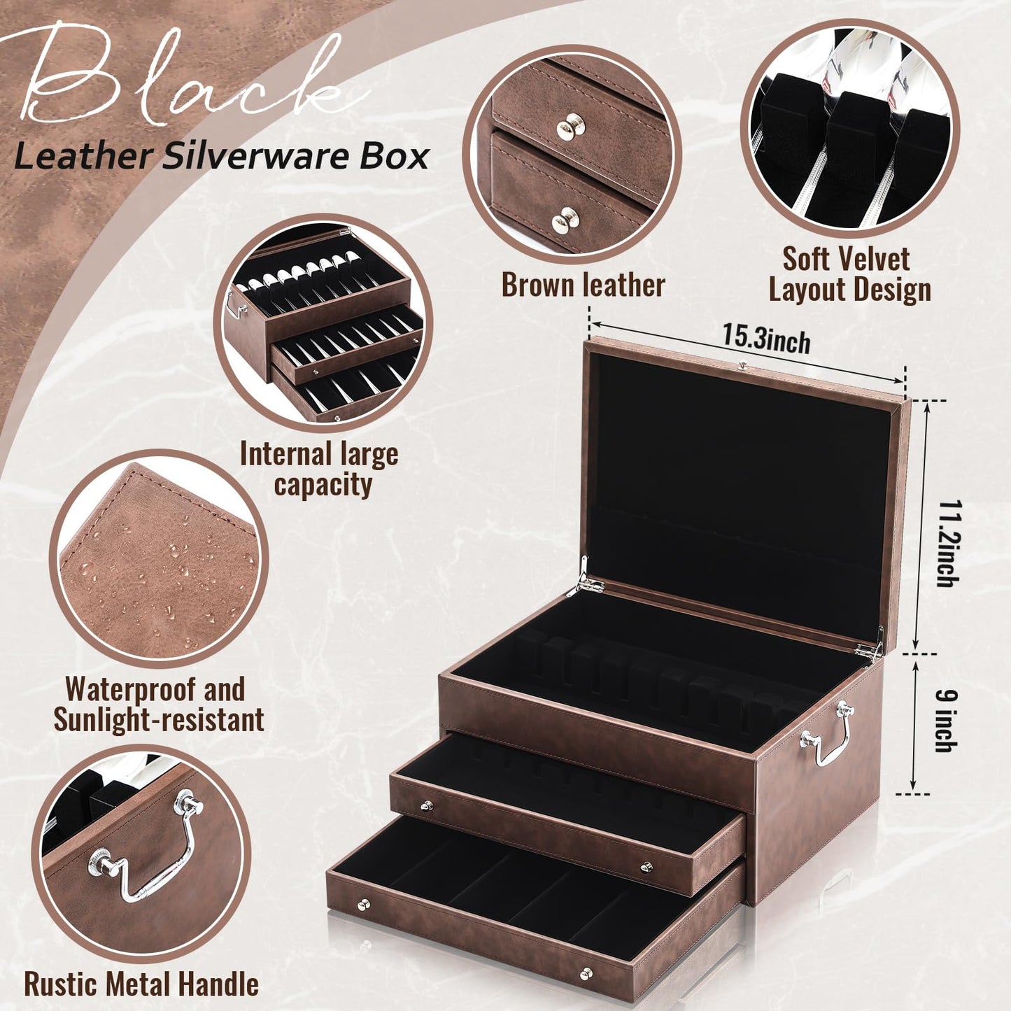 DoubleFill 3 Layer Leather Silverware Storage Box with Lid and Handles, Anti Tarnish Silverware Storage Chest Case with Felt-lined for 12-16 or More Sets of Utensils Flatware Gifts, 15.3x11.2x9 Inch