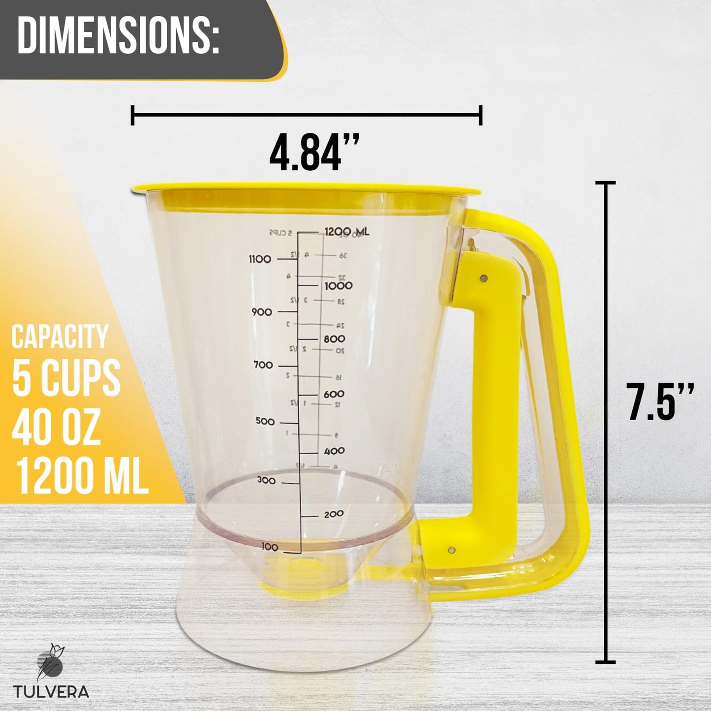 Pancake Batter Dispenser | 5-Cup Mix Pourer for Pancakes, Waffles, Crepes, Muffins, Cupcakes | Squeeze Handle, Portion Control Pitcher, Durable Drip-Free Design | Baking Accessories (Classic Yellow)
