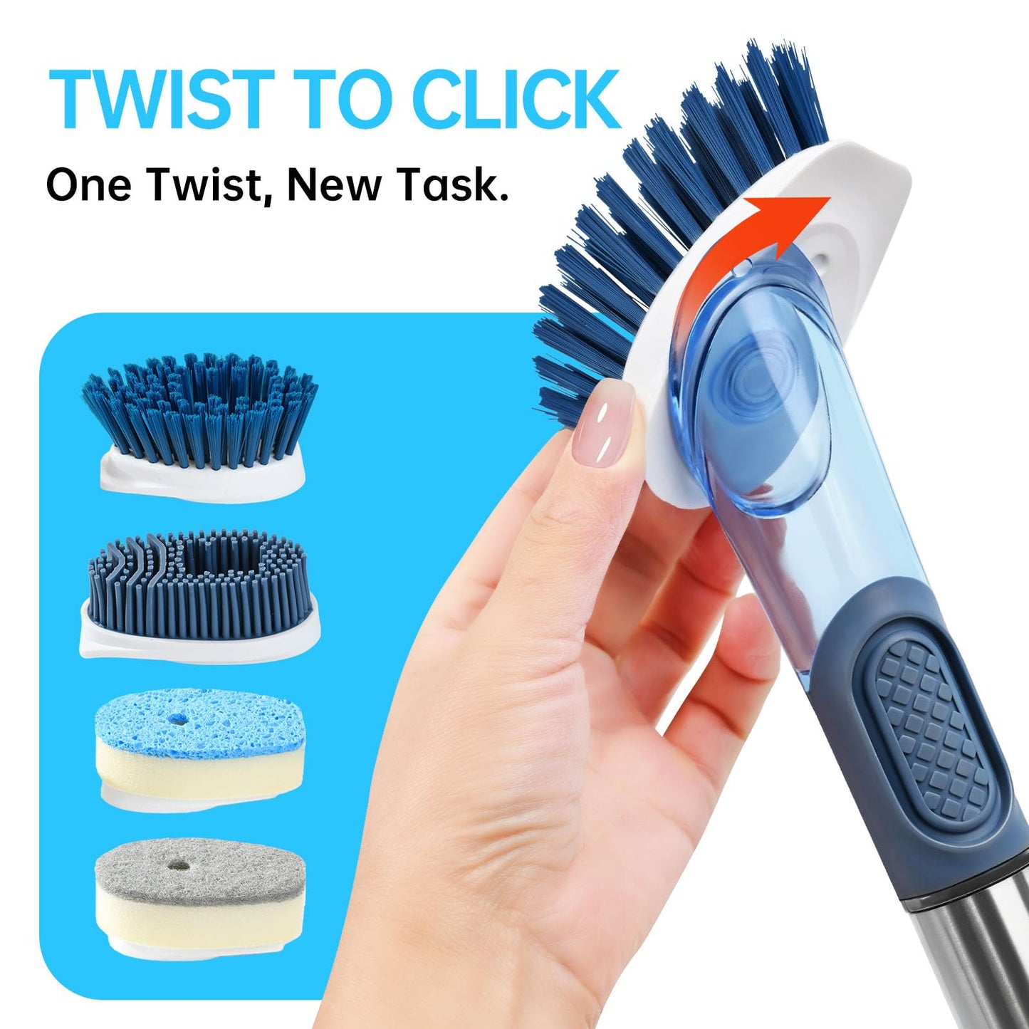 Soap Dispensing Scrub Brush - 4-in-1 Kitchen Cleaning Brush with Built-in Tank, Scraper Heads for Stubborn Grime on Pots Pans, Stand/Hang Storage-Blue