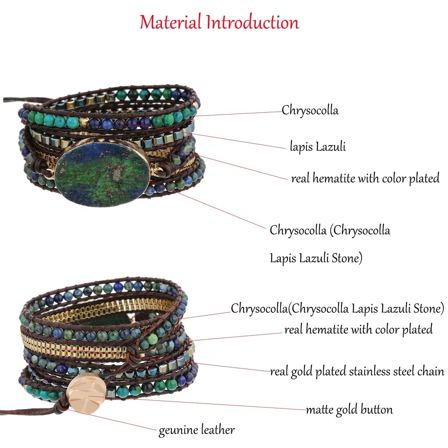 Plumiss Boho Leather 5 Wrap Natural Stone Chrysocolla Bracelet Handmade Gemstone Beaded Bracelet Jewelry Collection