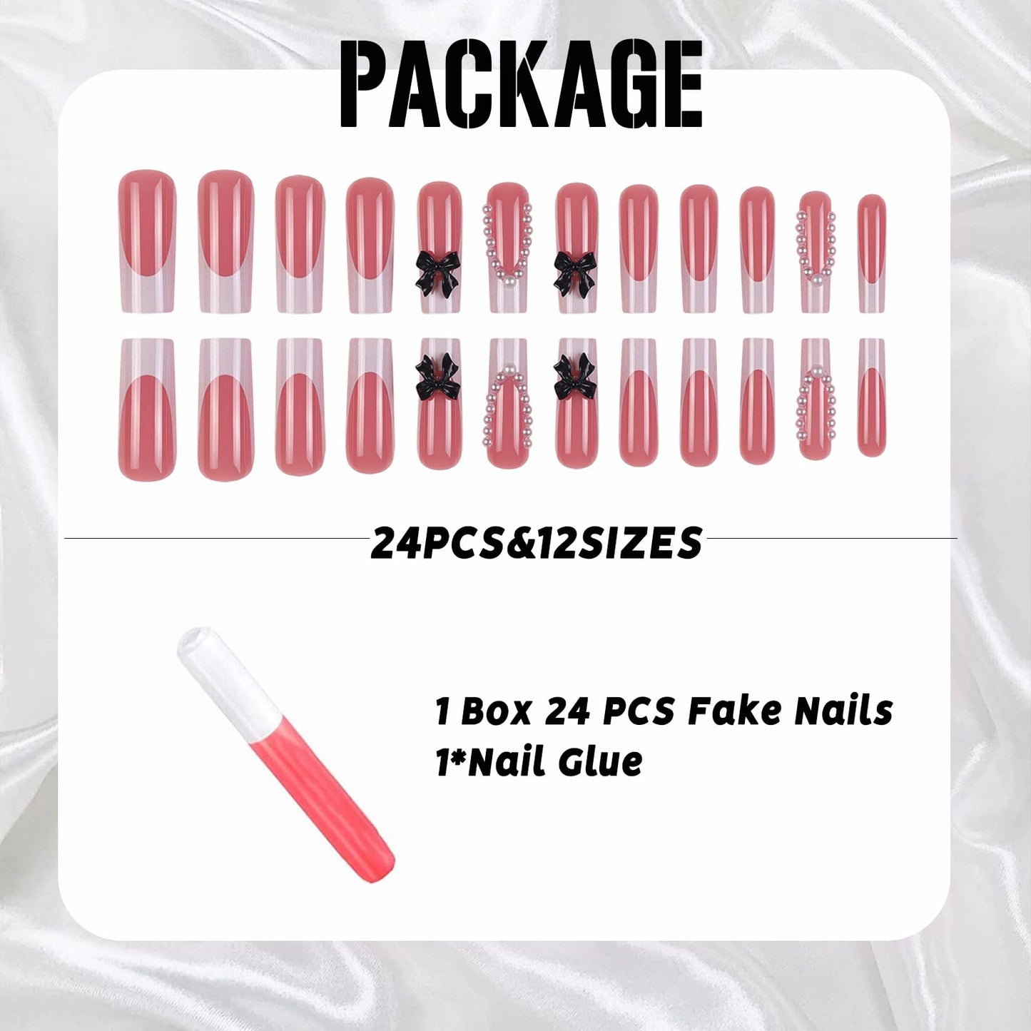 IMSOHOT Press on Nails Long Square Fake Nails White French Tip Glue on Nails with Black Bow Designs Glossy Acrylic Full Cover Stick on False Nails for Women Girls Manicure Decoration