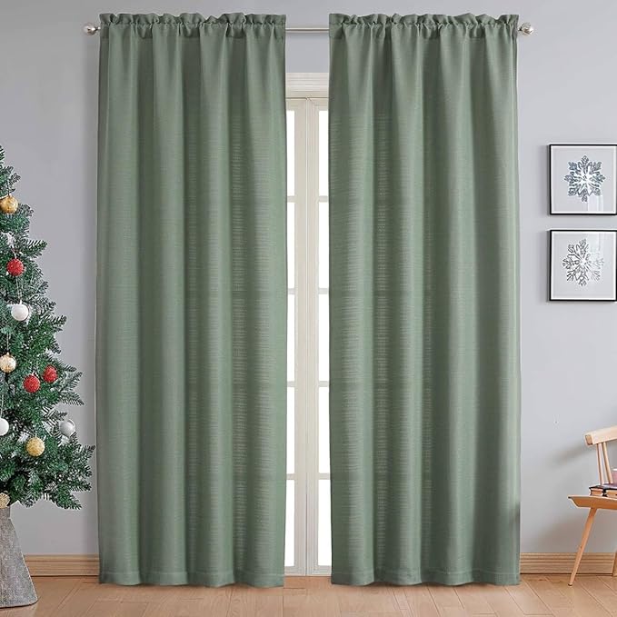 Chyhomenyc Sage Green Curtains 90 Inch Length 2 Panels Set, Faux Linen Textured Semi Light Filtering Soft Airy Farmhouse Curtain Drapes for Living Room Bedroom, Each 60Wx90L