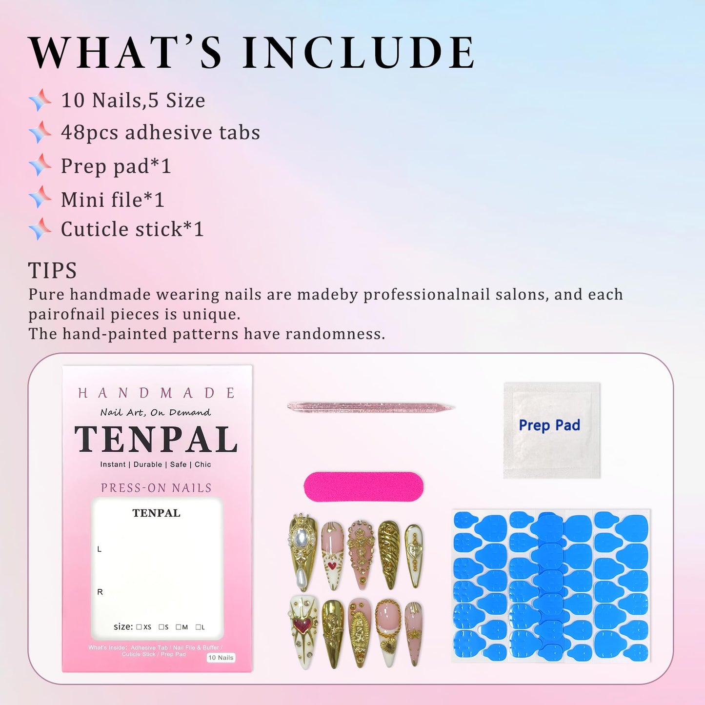 TENPAL 10Pcs Handmade Egyptian Press On Nails With Tools,Golden Palace Long Stiletto Glue on Nails,Glossy Sacred Rose & Cross Charms Fake Nails with Crystal Luxe,Acrylic Nails for Women Gifts(S)