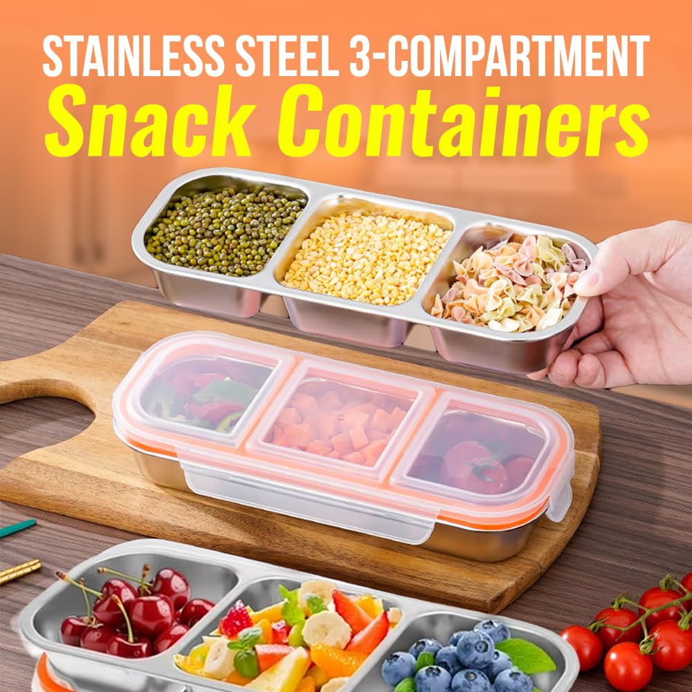 FLEXARO Set of 3 Pack Stainless Steel Snack Container,3 Compartment Bento Lunch Box with Leakproof Grey & Orange Lid,Reusable Metal Food Storage Container,Portable Snack Box for Work,1.5 lb Capacity